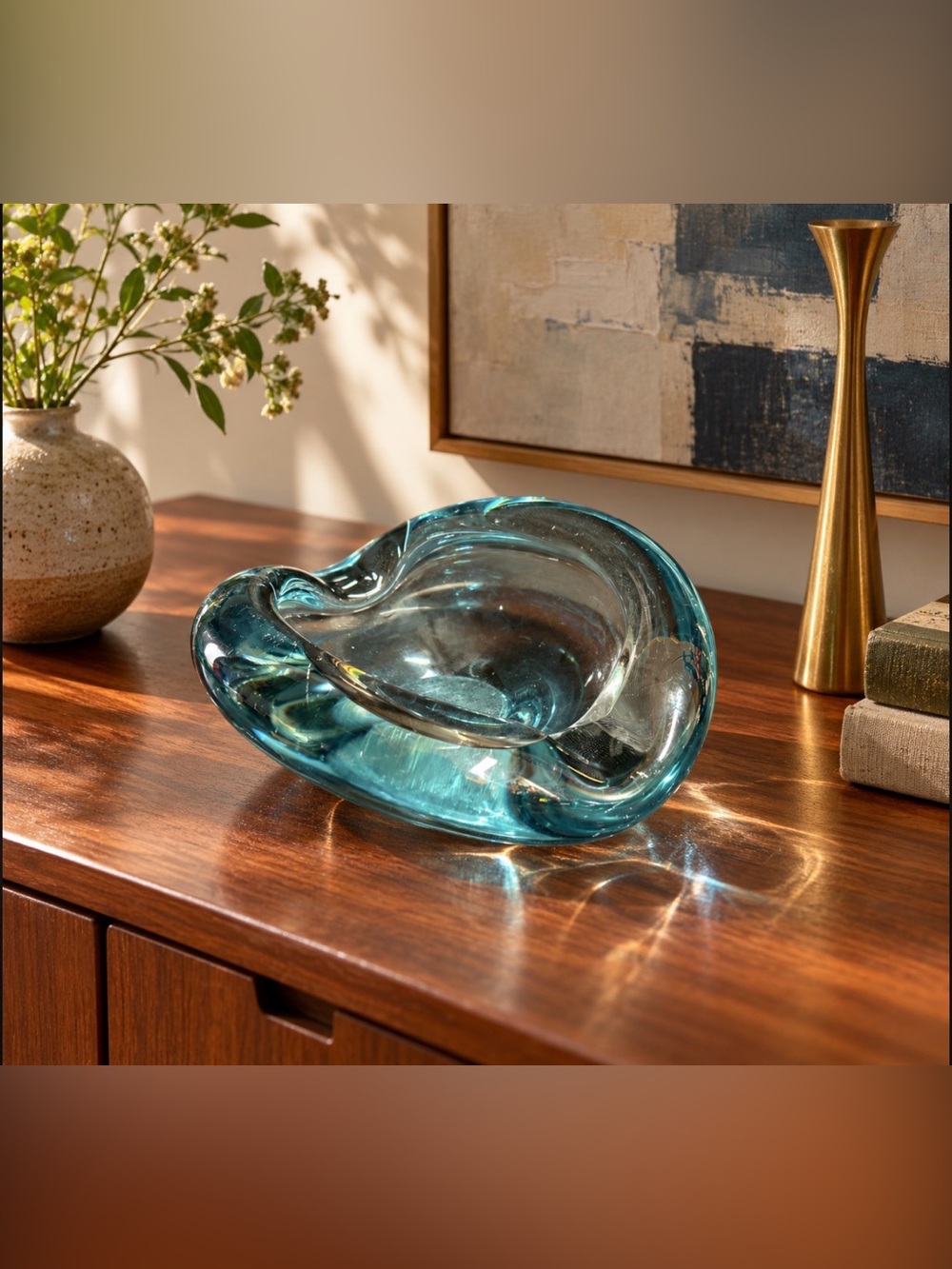 VTG Holmegaard Per Lütken Akva Blue Art Glass Ashtray Bowl 15735 Signed MCM